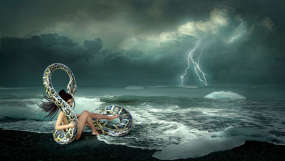 woman and python on beach under cloudy sky illustration, fantasy
