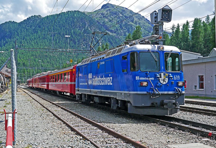 red and blue train, rhaetian railways, engadin, graubünden, switzerland