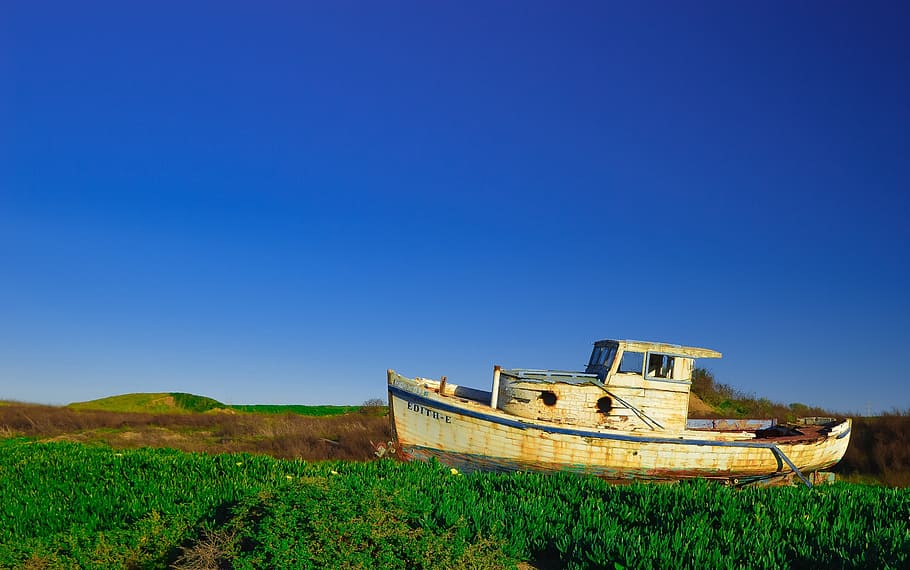 boat, vintage, oldschool, rust, grass, fields, blue, sky, nature HD wallpaper