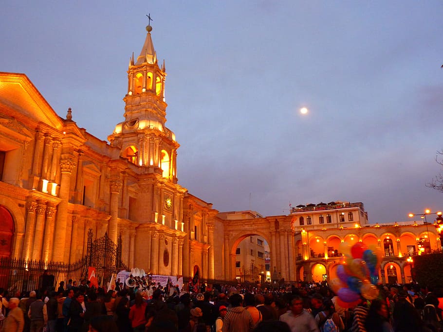people standing near concrete cathedral during dawn, Arequipa HD wallpaper