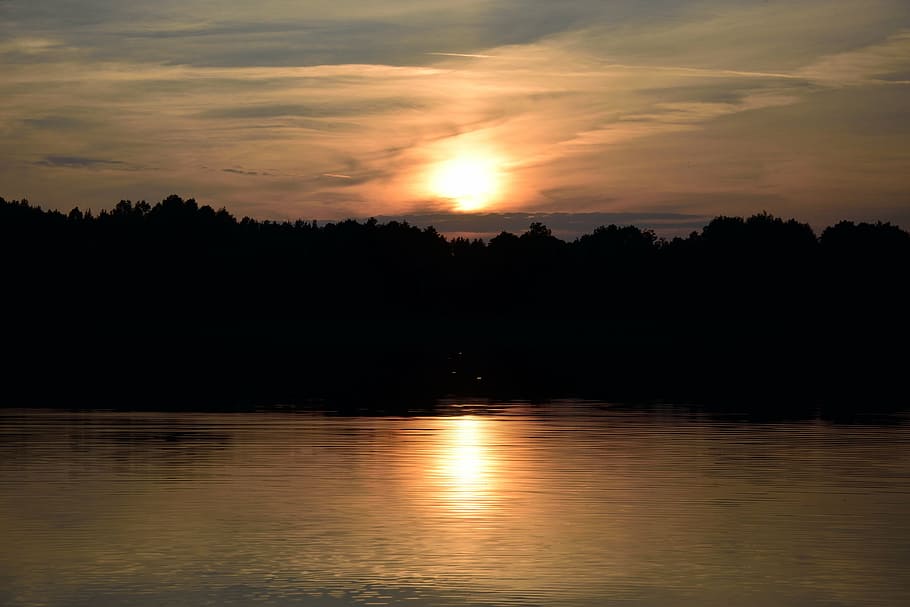 west, the sun, sunset, evening, lake, landscape, clouds, light HD wallpaper