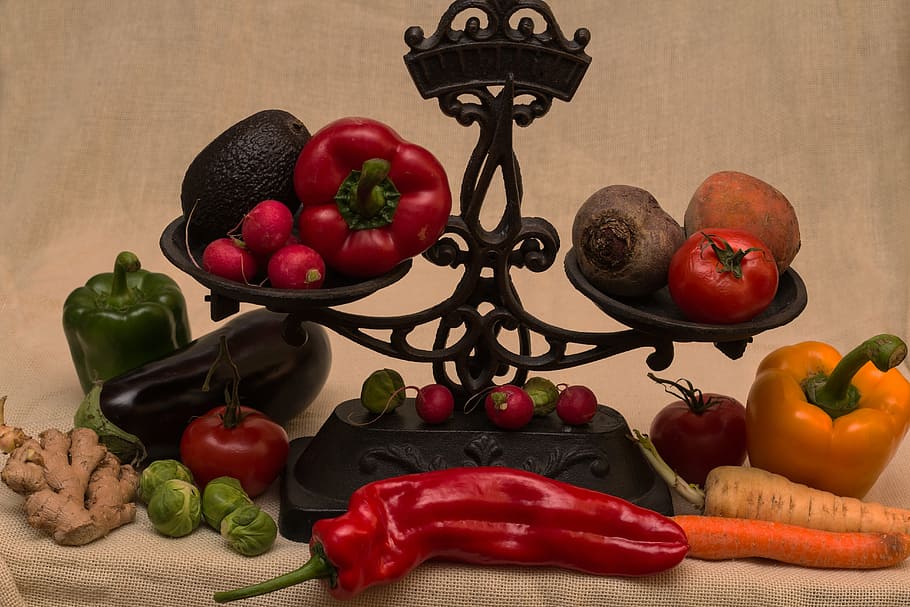 still life, vegetables, old scale, food, pepper - Vegetable HD wallpaper