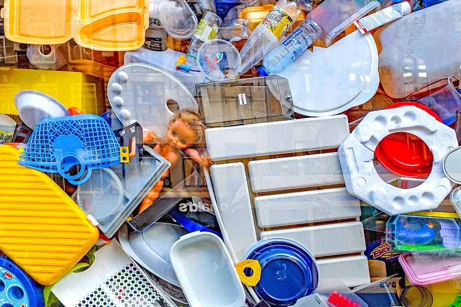 doll beside blue plastic basket, waste, pollution, garbage HD wallpaper