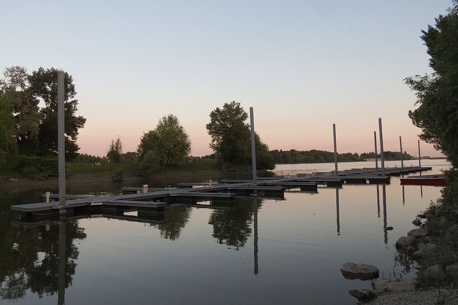port, sunset, setting sun, reflection, mood, water, tree, sky HD wallpaper