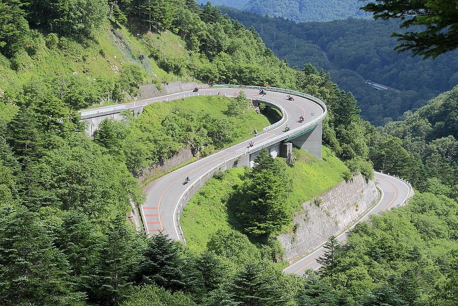mountain, road, pass, drive, root, nagano, landscape, fresh green HD wallpaper