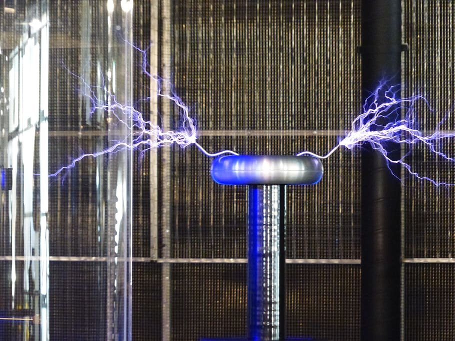 blue electric component, flash, tesla coil, experiment, high voltage HD wallpaper