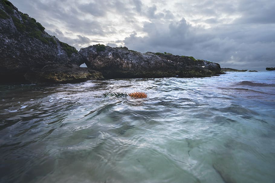 beach, clouds, daylight, float, floating, fruit, horizon, Mossy rocks HD wallpaper