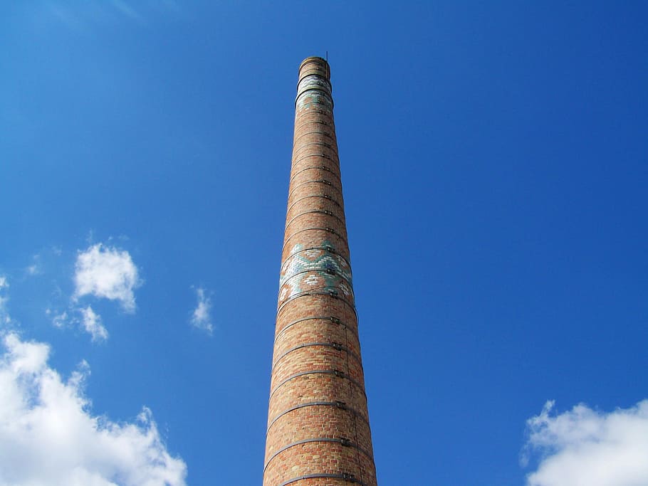 chimney, blue sky, zsolnay factory, pecs, cloud - sky, low angle view