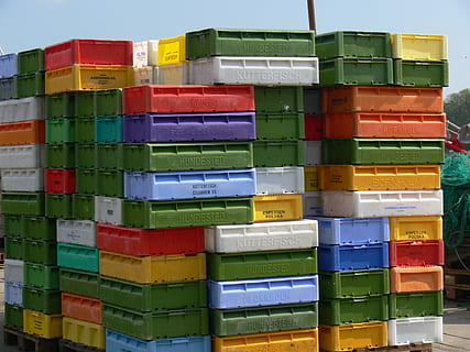 plastic crate lot, boxes, fish, port, storage, stack boxes HD wallpaper