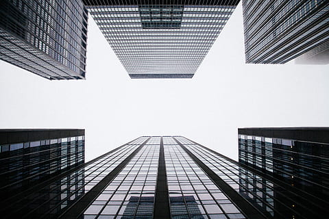 worm's eye view of buildings, low-angle shot of high rise buildings HD wallpaper