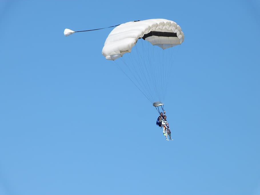 paratroopers, jump, double, baptism, sky, blue, emotion, white