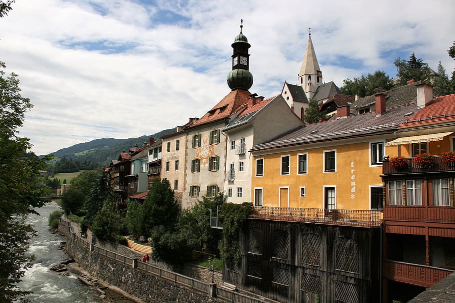 murau, the mur promenade, river, austria, styria, water, old town, HD wallpaper