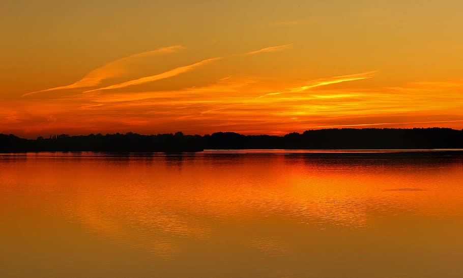 orange sunset, Sea, Sun, Red, Dusk, Sky, at dusk, clouds, water HD wallpaper