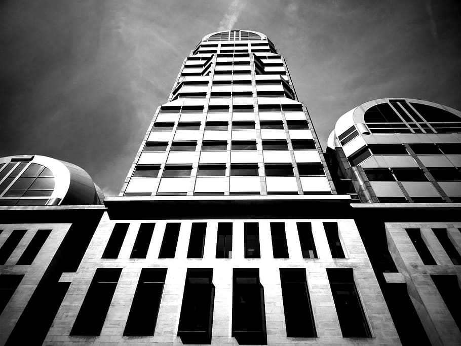 black-and-white, city, sky, buildings, architectural design, architecture, HD wallpaper