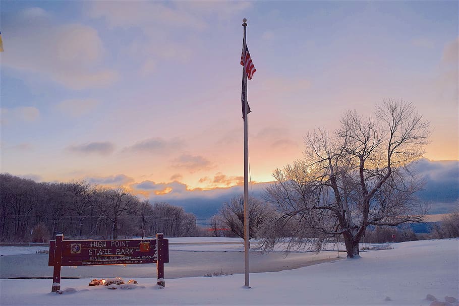 Winter, Park, Flag Pole, Tree, Sunrise, snow, cold, nature HD wallpaper