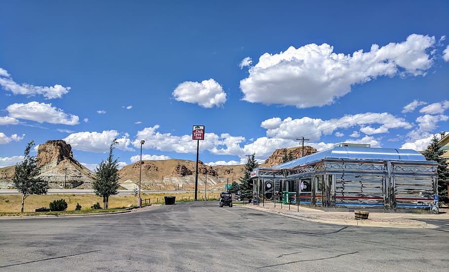 diner, wyoming, west, architecture, sky, built structure, building exterior