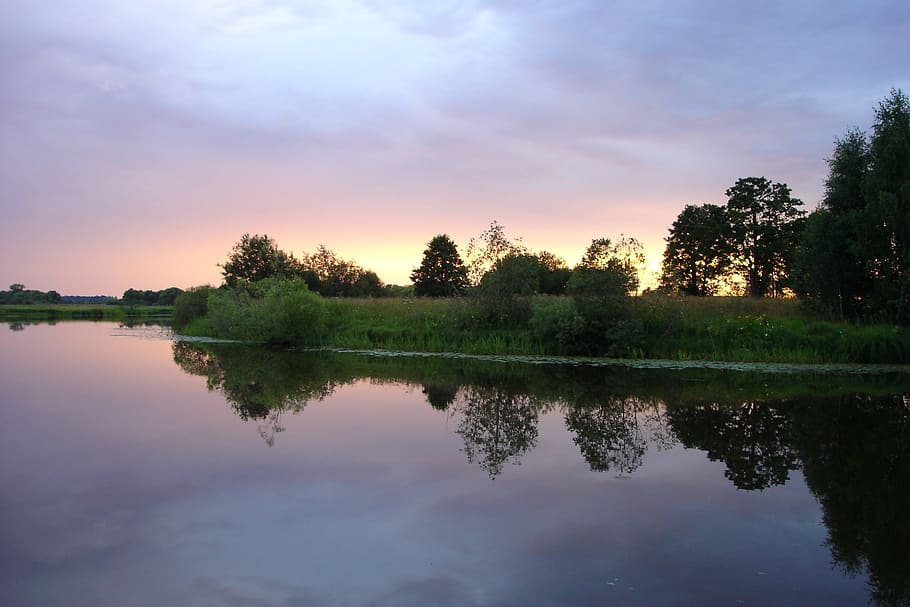 sunset, evening, landscape, summer, river, water, reflection HD wallpaper