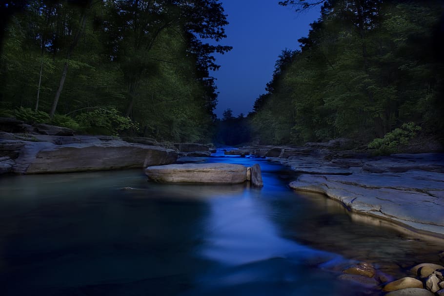 river and trees, water, rocks, stone, blue, creek, light painting HD wallpaper