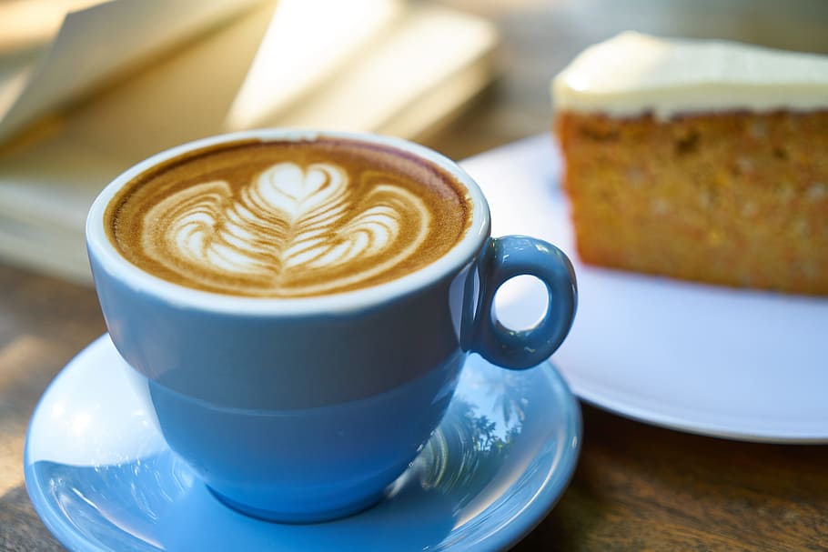 close-up photo of cappuccino in blue ceramic mug and saucer beside cake, HD wallpaper