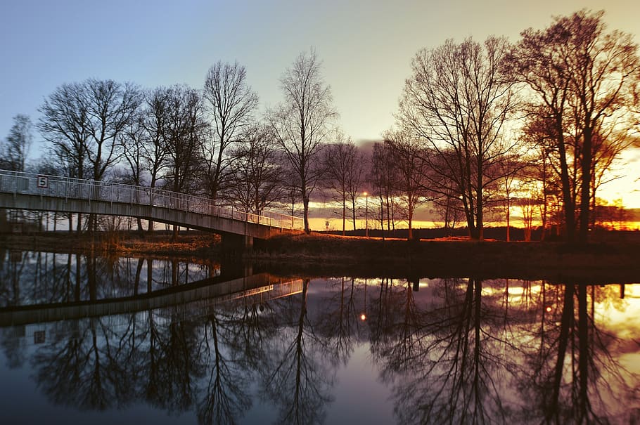 evening, night, sunset, bro, mirroring, water, lake, channel HD wallpaper