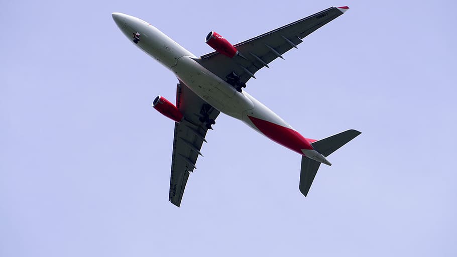 white and red airplane on sky, fly, jet, aircraft, aviation HD wallpaper