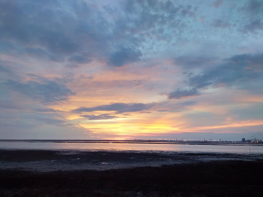 sunset, sky, blue, nature, landscape, sunlight, orange, horizon HD wallpaper