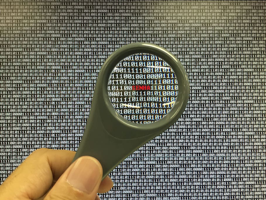 person, magnifying glass, red, text, password, security, dump