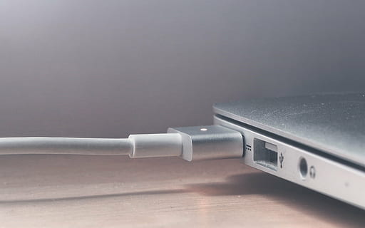 close-up of gray laptop computer, usb, cable, connected, macbook HD wallpaper