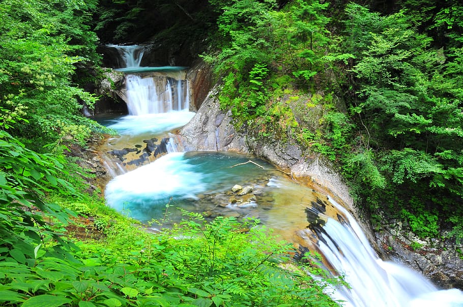 River, Waterfall, Natural, Water, Valley, natural water, green HD wallpaper