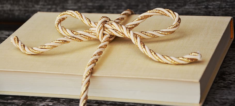 brown book, gift, cord, gold cord, golden, packaging, packed, HD wallpaper