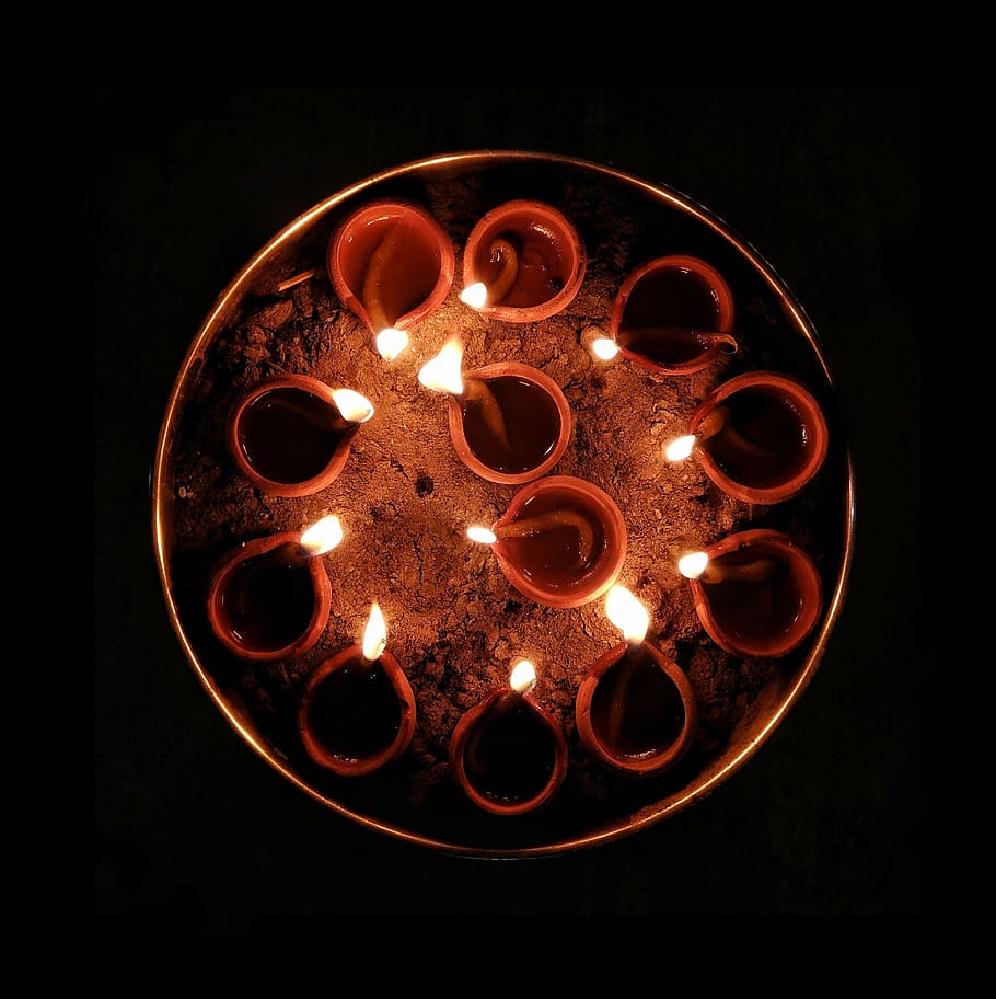 diya, lights, torch, diwali, black background, illuminated
