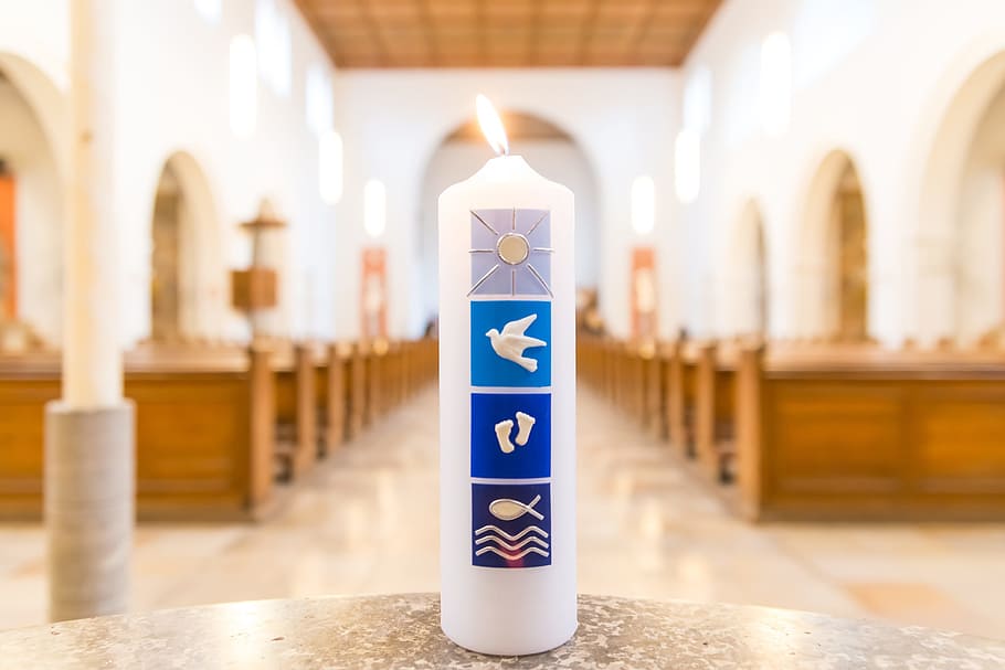 white pillar candle on gray table, church, baptism, birth, baptismal font, HD wallpaper
