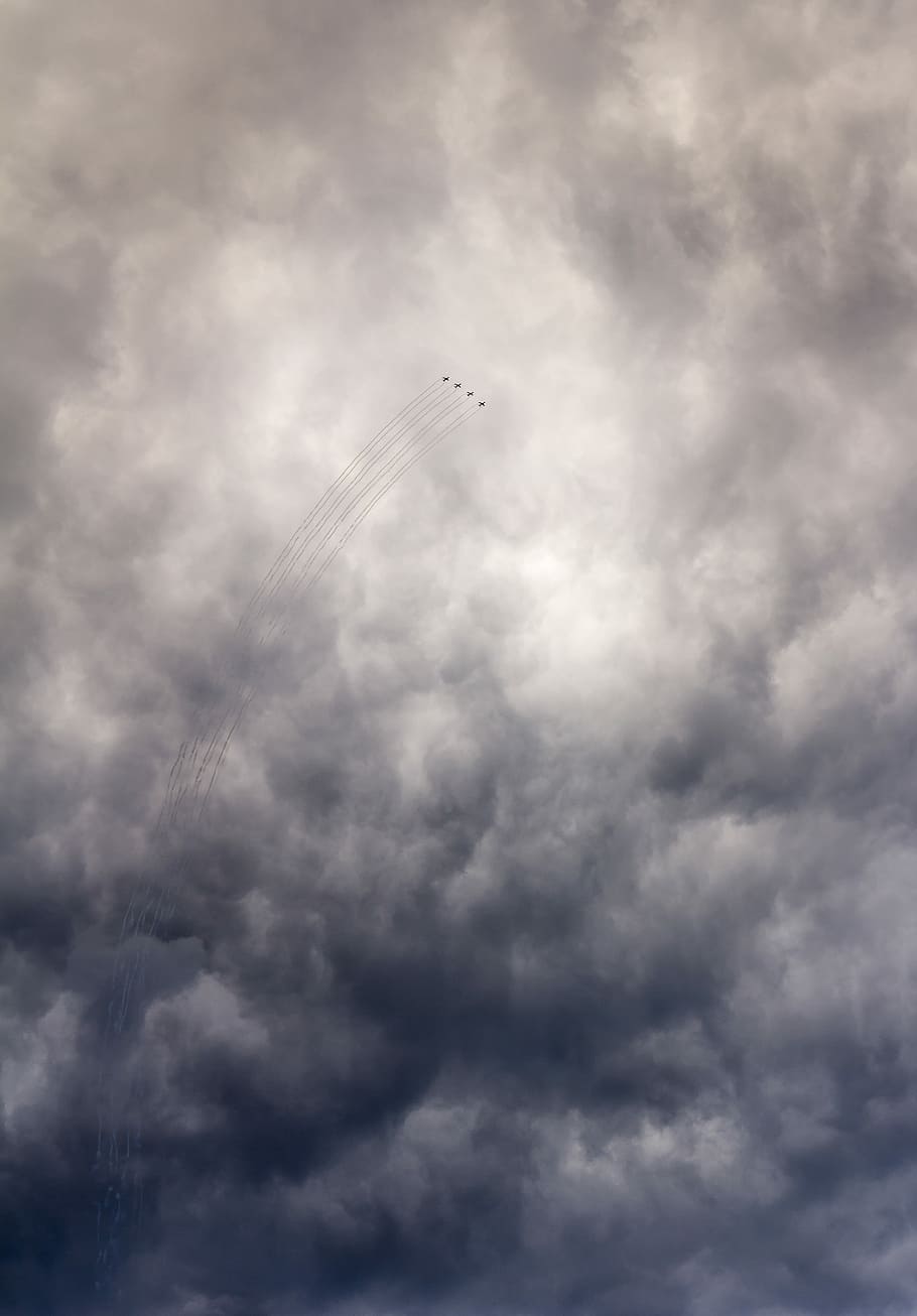 plane contrails, flying jets under white clouds, airplane, sky HD wallpaper