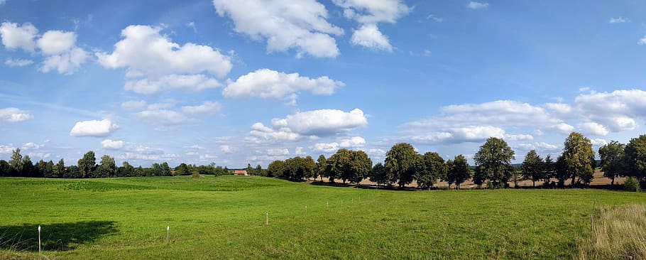 clouds, village, landscape, summer, agriculture, rural, field, HD wallpaper