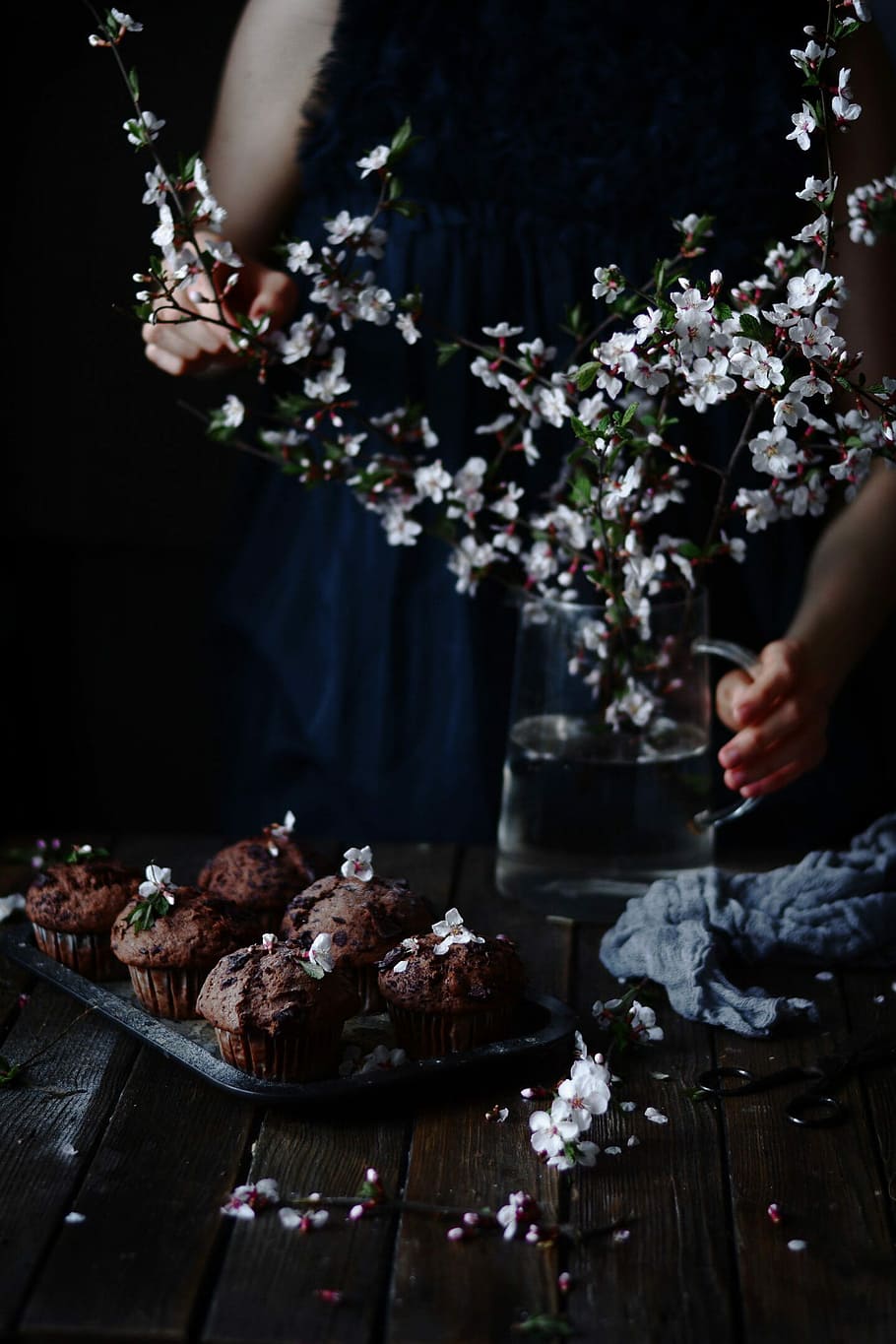 flat lay photography of cupcake, untitled, flowers, branches HD wallpaper