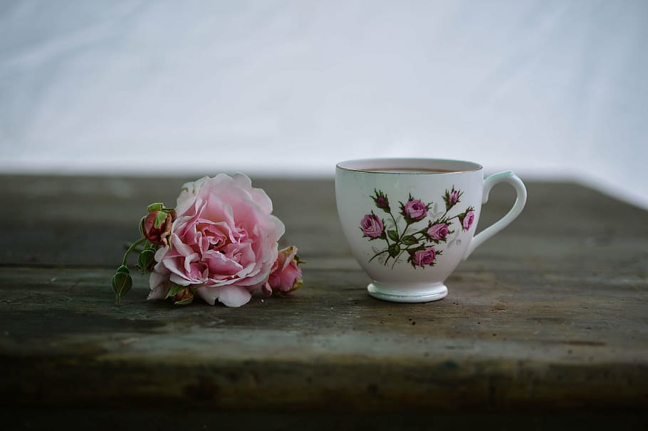 white and pink floral ceramic cup with coffee, drink, flower, HD wallpaper