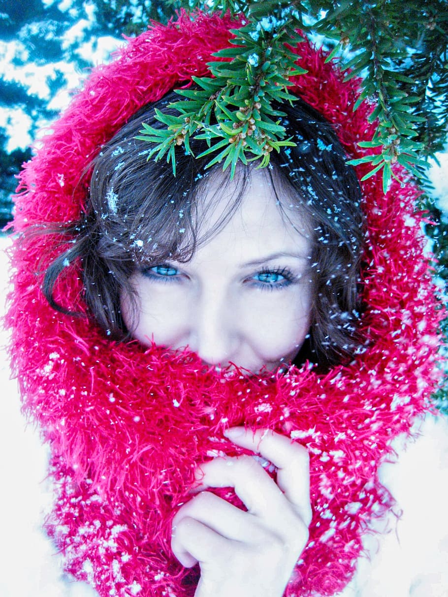 women's pink fur scarf during daytime close-up photo, lady in red, HD wallpaper