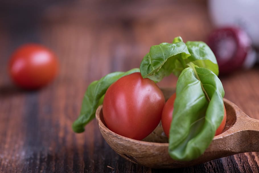 ripe tomato, tomatoes, small tomatoes, red, basil, green, spice HD wallpaper