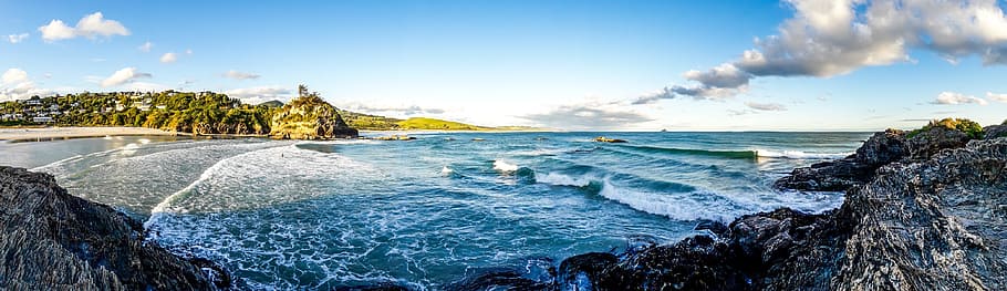 sea near green mountain under blue and white cloudy sky, Sea, Waves HD wallpaper