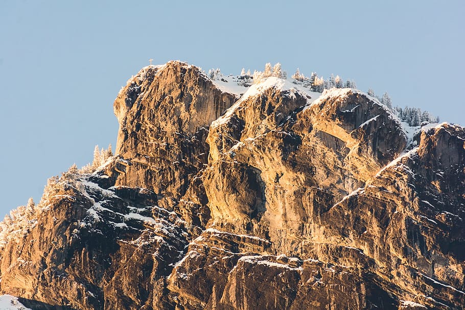 mountain, warm, snow, sky, landscape, mood, sunset, abendstimmung HD wallpaper