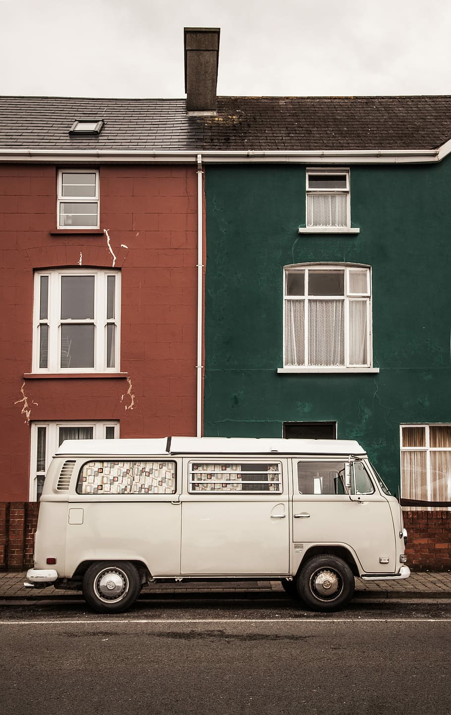 classic white van parked near house, home, colour, red, green