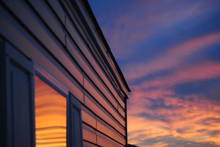 house under blue and yellow clouds, sunset, sky, architecture HD wallpaper