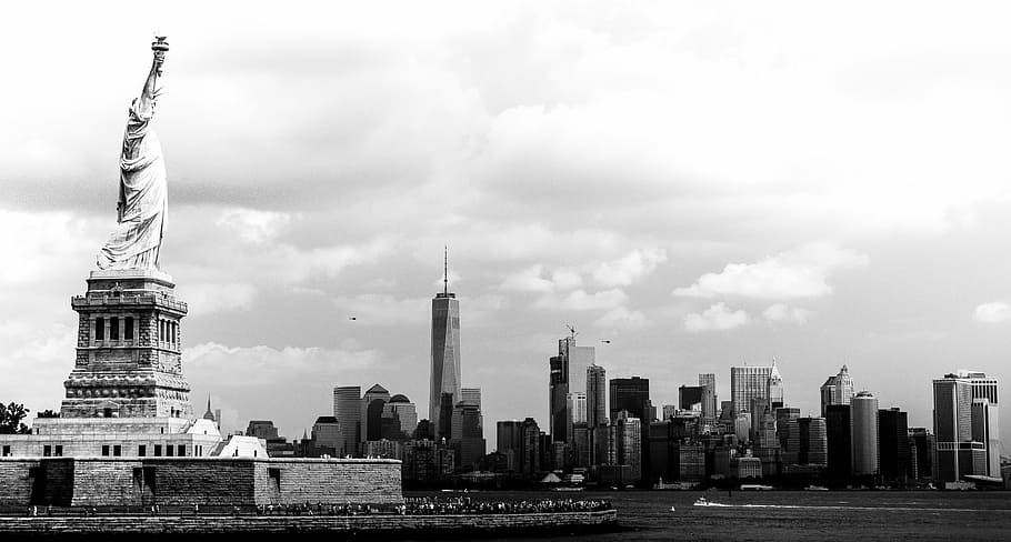 grayscale photo of Statue of Liberty, New York, nyc, city, usa