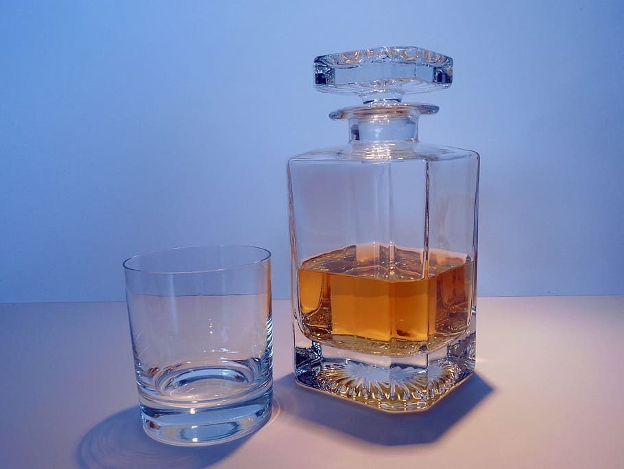 clear glass decanter beside drinking glass, alcohol, whisky HD wallpaper