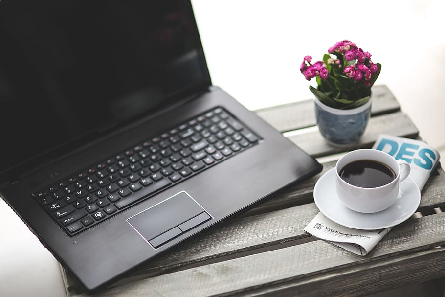 black laptop computer near white ceramic teacup, work, working HD wallpaper