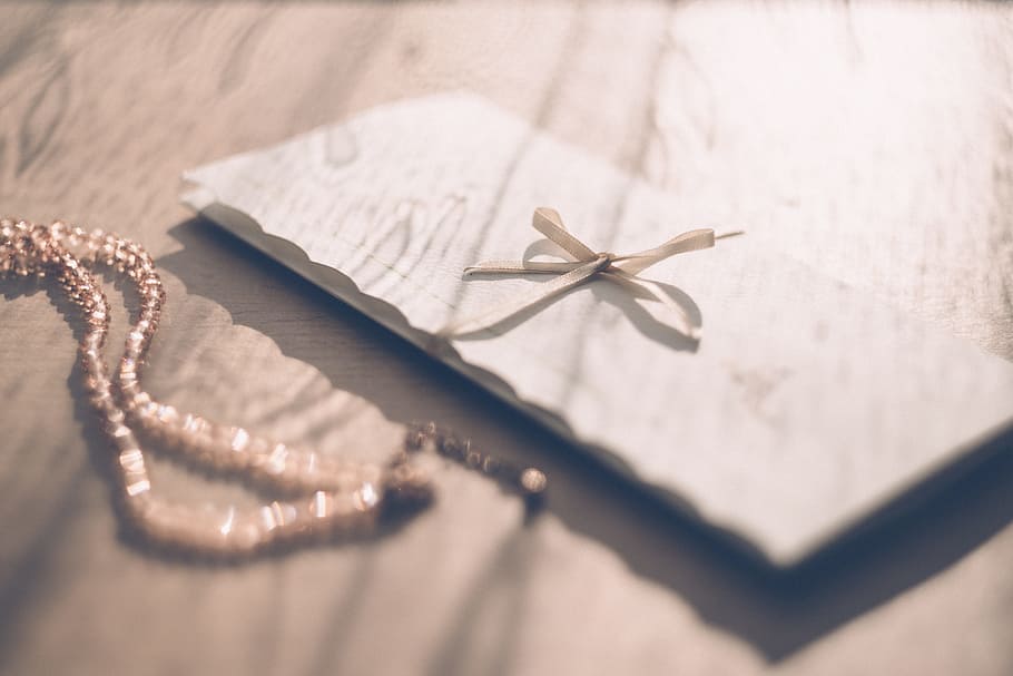 white letter, invitation, envelope, ribbon, formal, necklace HD wallpaper
