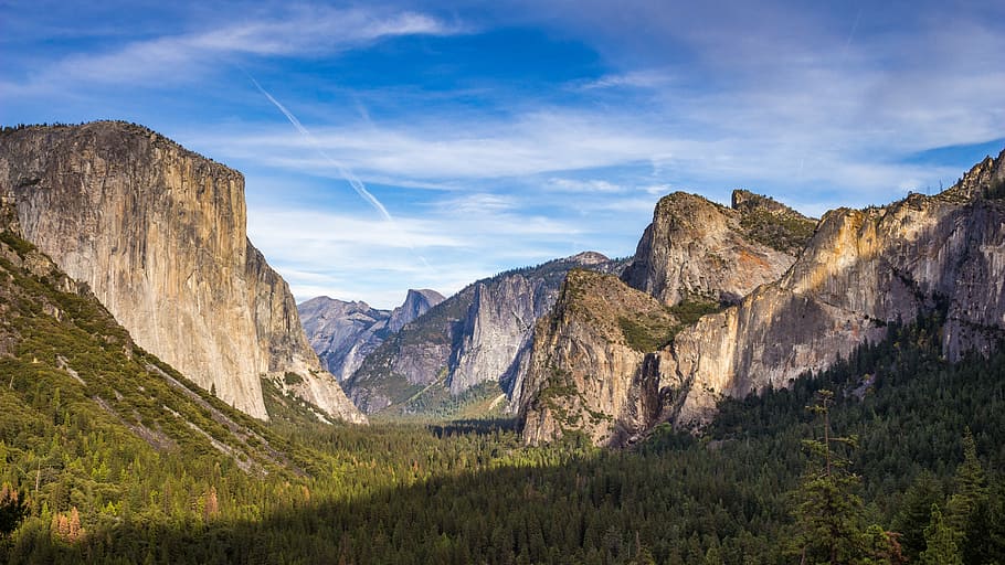 valley surrounded by rock formations, mountain, blue, sky, blue sky HD wallpaper