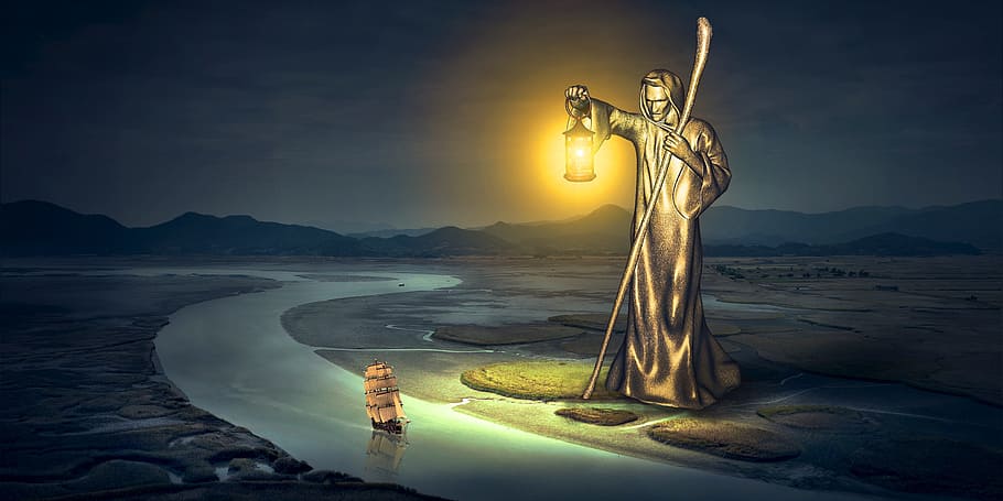 God of water holding lantern digital wallpaper, fantasy, river