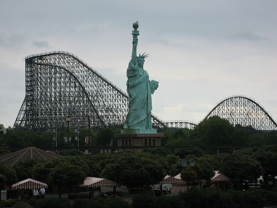 Theme Park, Pleasure, Fun, roller coaster, statue of liberty HD wallpaper