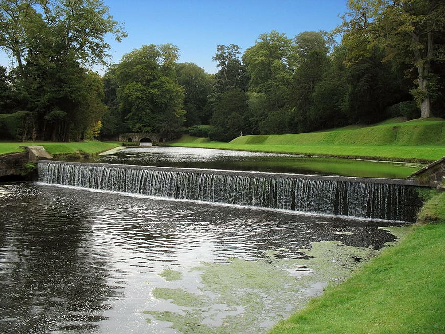 water, waterfall, waterfalls, grass, lawn, park, plant, tree HD wallpaper